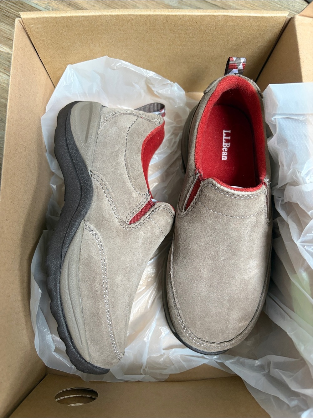 L.L. Bean Taupe Suede Slip-On Loafers with Red Lining